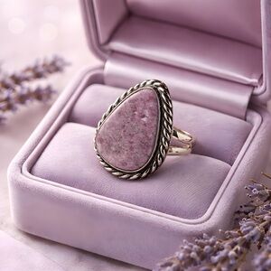 *NEW* 925 Silver Natural Lepidolite Double Band Ring With Twisted Rope Border